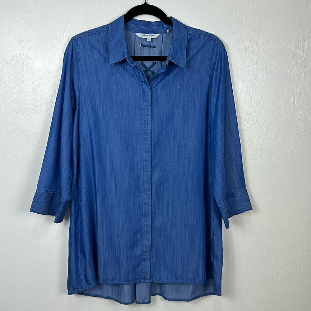 Foxcroft Blue Chambray Hi-Lo Hem 3/4 Sleeve Button Up Shirt Size 14